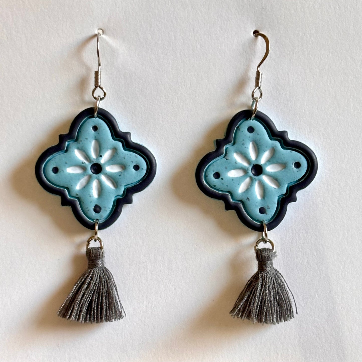 Turquoise polymer clay Talavera dangle earrings by Melissa Cortinas featuring colorful, handcrafted jewelry and accessories.