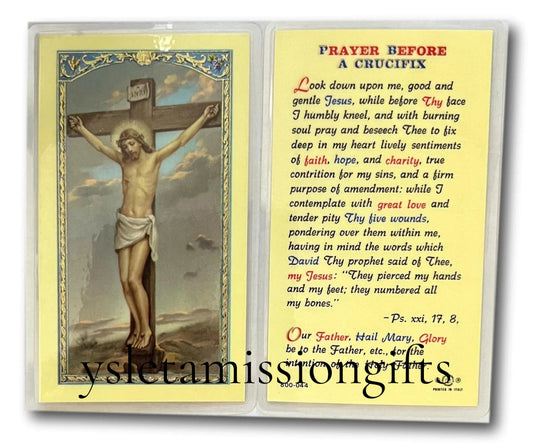 Laminated Catholic prayer card featuring Christ on the crucifix for reflection on Christ’s Passion, from Ysleta Mission Gift Shop.