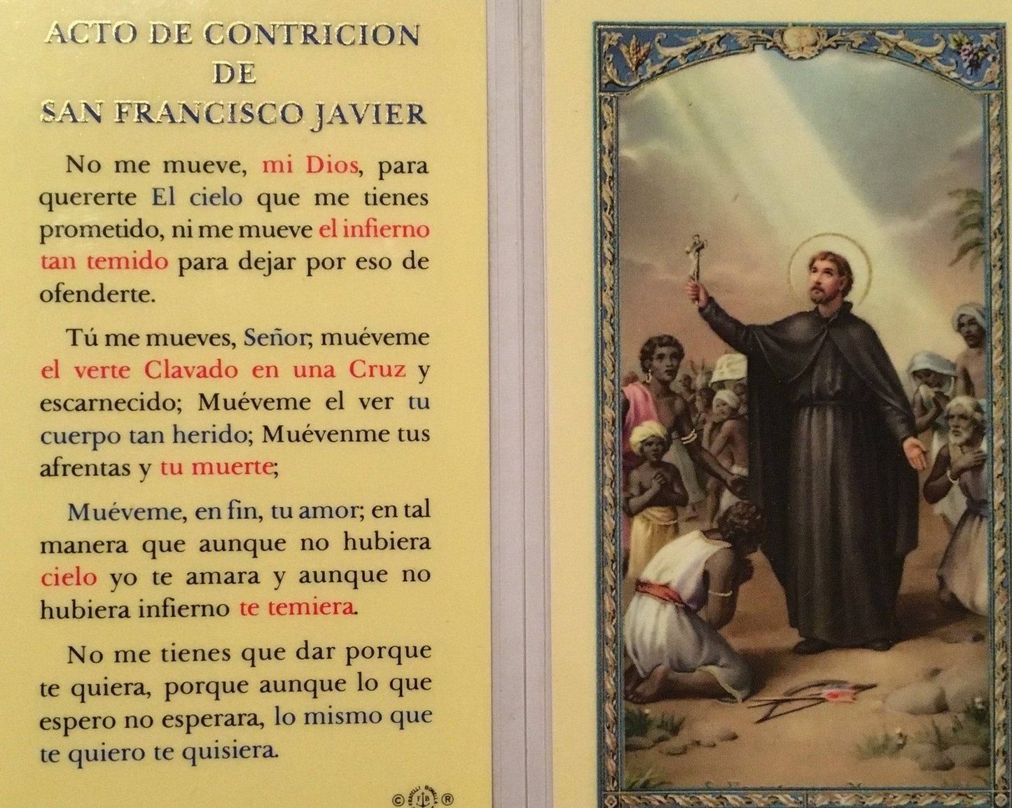 Prayer Card Acto De Contricion De San Francisco Javier SPANISH Laminated