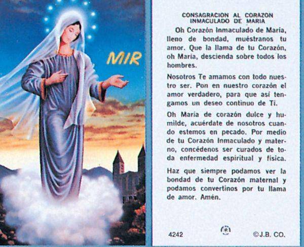 Prayer Card Consagracion Al Corazon Inmaculado De Maria SPANISH Laminated