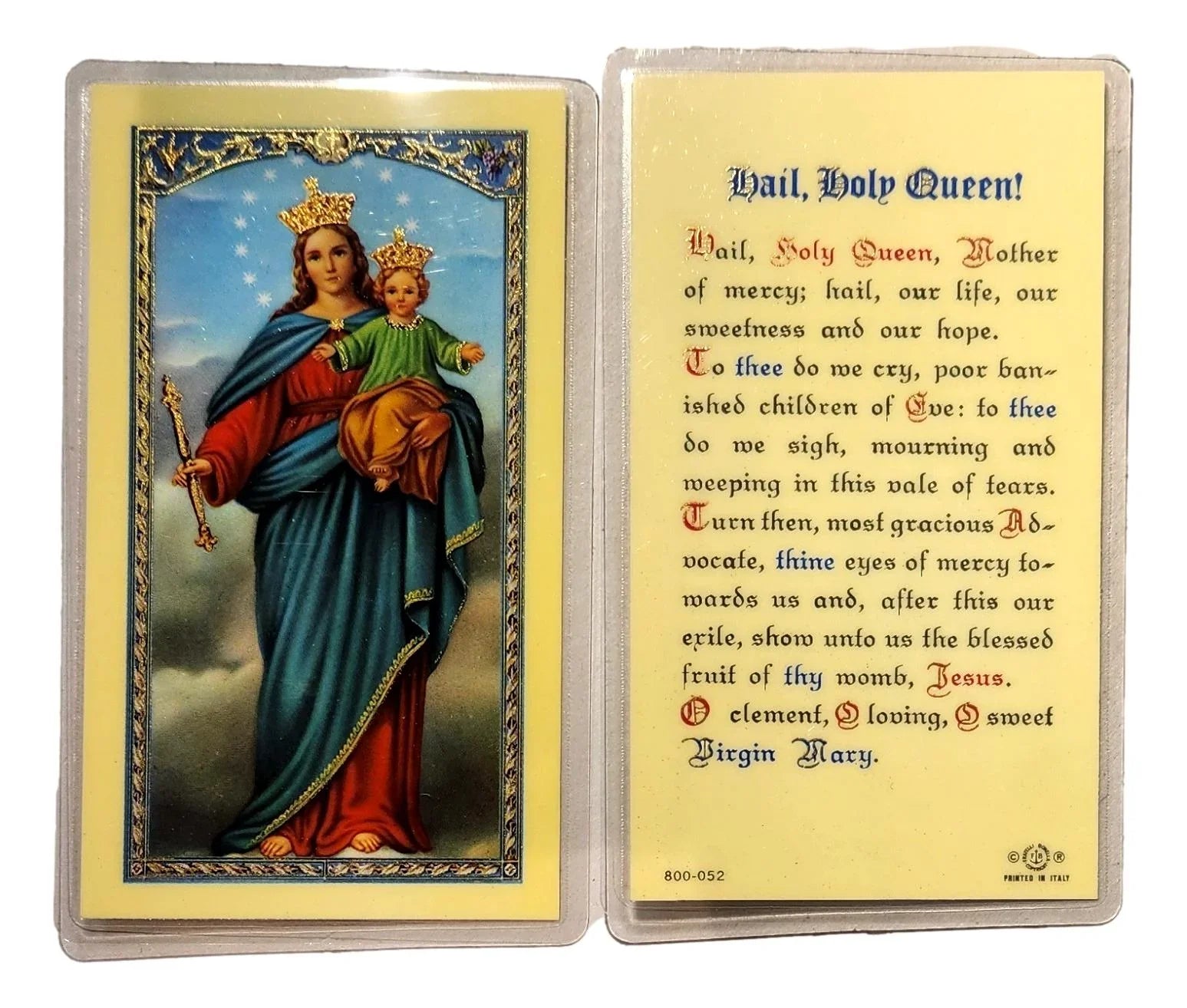 Catholic prayer card featuring Hail Holy Queen prayer with religious imagery, from Ysleta Mission Gift Shop.