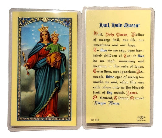 Catholic prayer card featuring Hail Holy Queen prayer with religious imagery, from Ysleta Mission Gift Shop.
