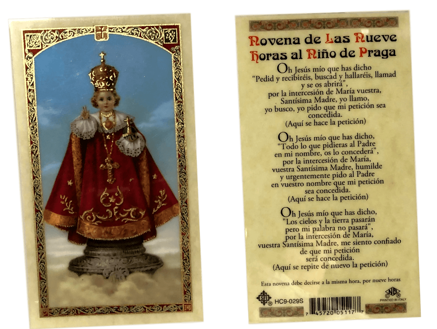 Prayer Card Novena De Las Nueve Horas Al Nino De Praga SPANISH Laminated HC9-029S