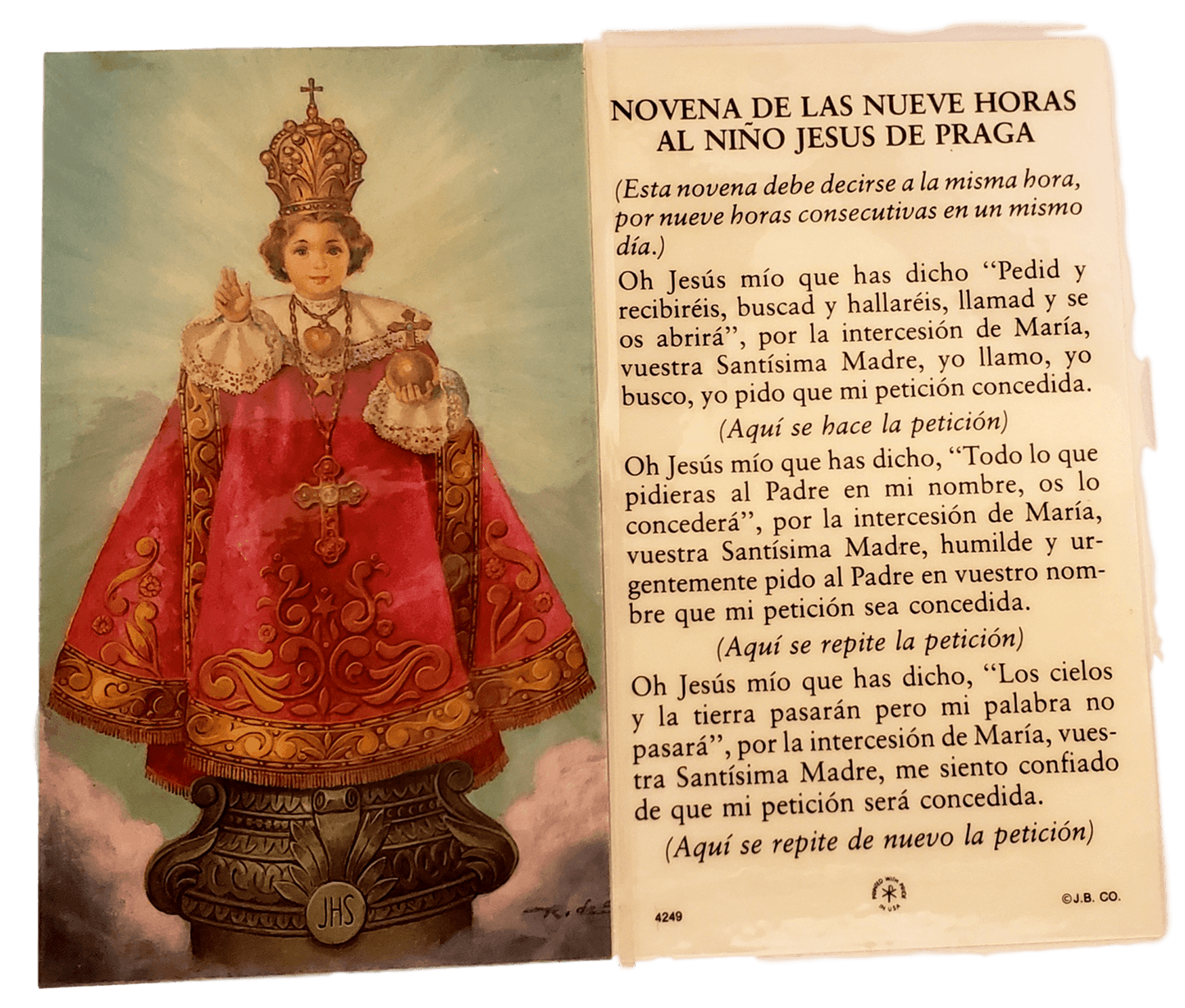 Prayer Card Novena De Las Nueve Horas Al Nino Jesus de Prague SPANISH Laminated