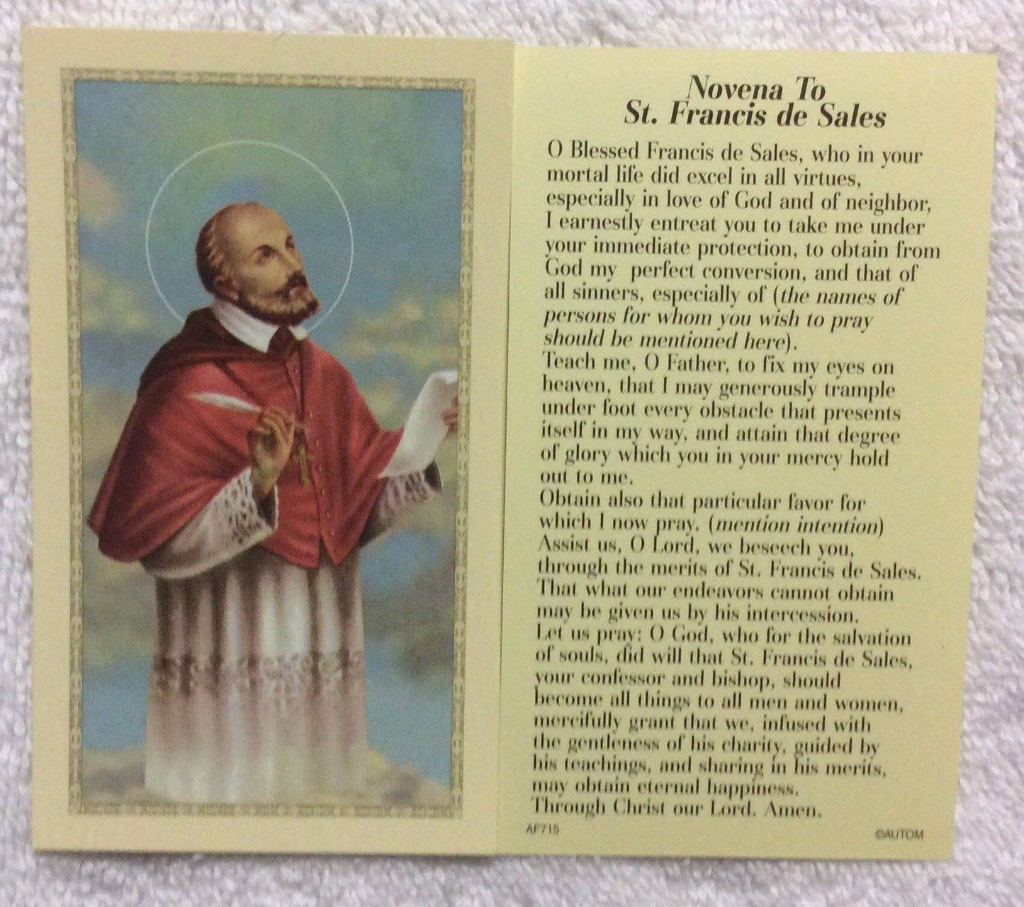 Prayer Card Novena To Saint Francis De Sales Laminated AF