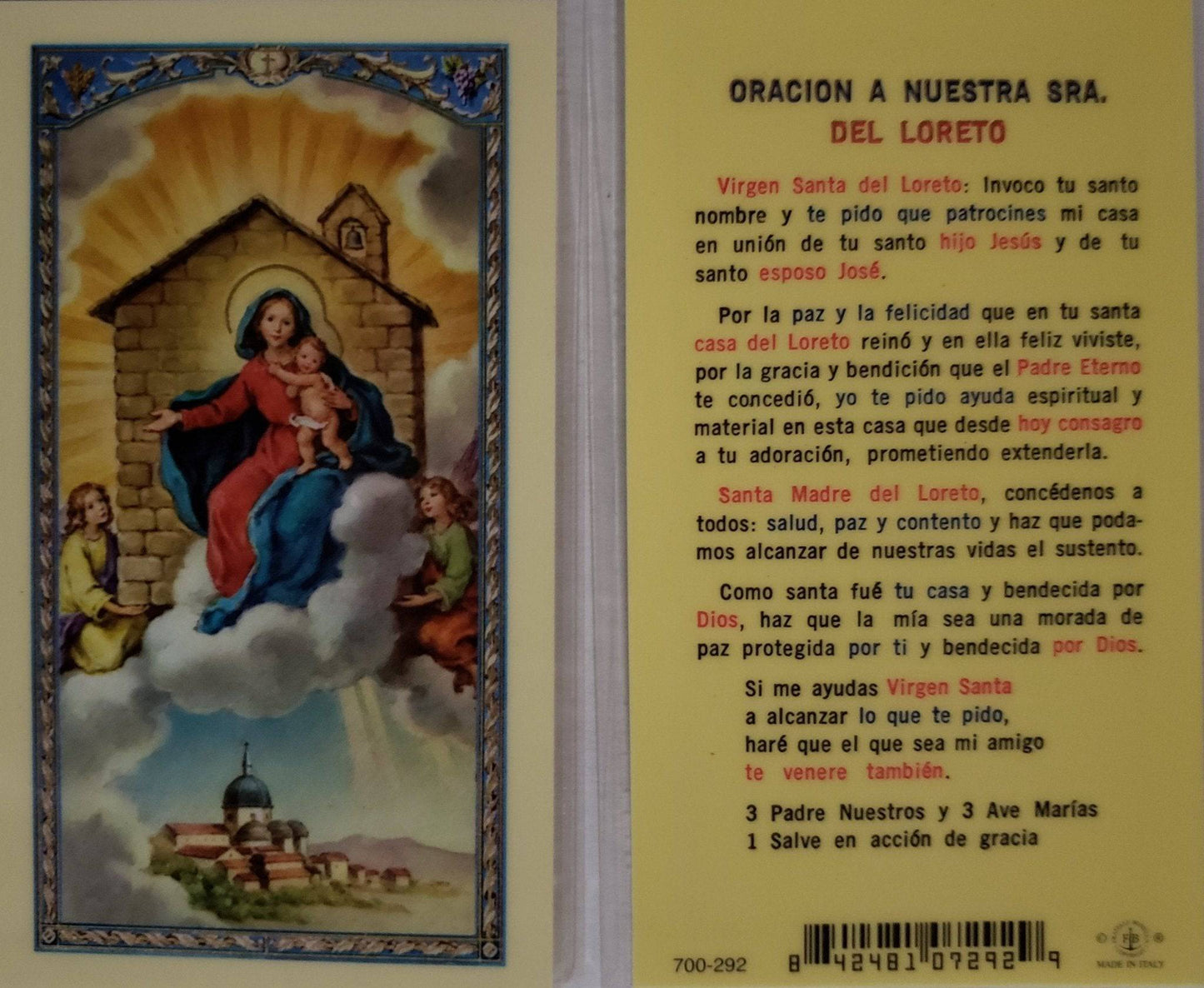 Prayer Card Oracion A Nuestra Senora Del Loreto SPANISH Laminated