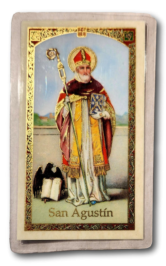Laminated Spanish prayer card featuring Oracion a San Agustin, Catholic Christian gift from Ysleta Mission Gift Shop.