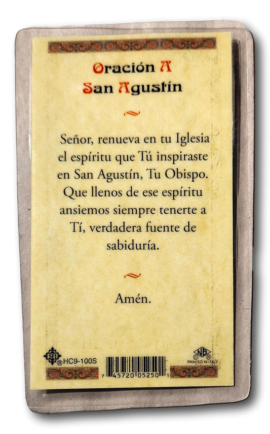 Laminated Catholic prayer card featuring Oracion a San Agustin in Spanish, designed for Christian gift collections.