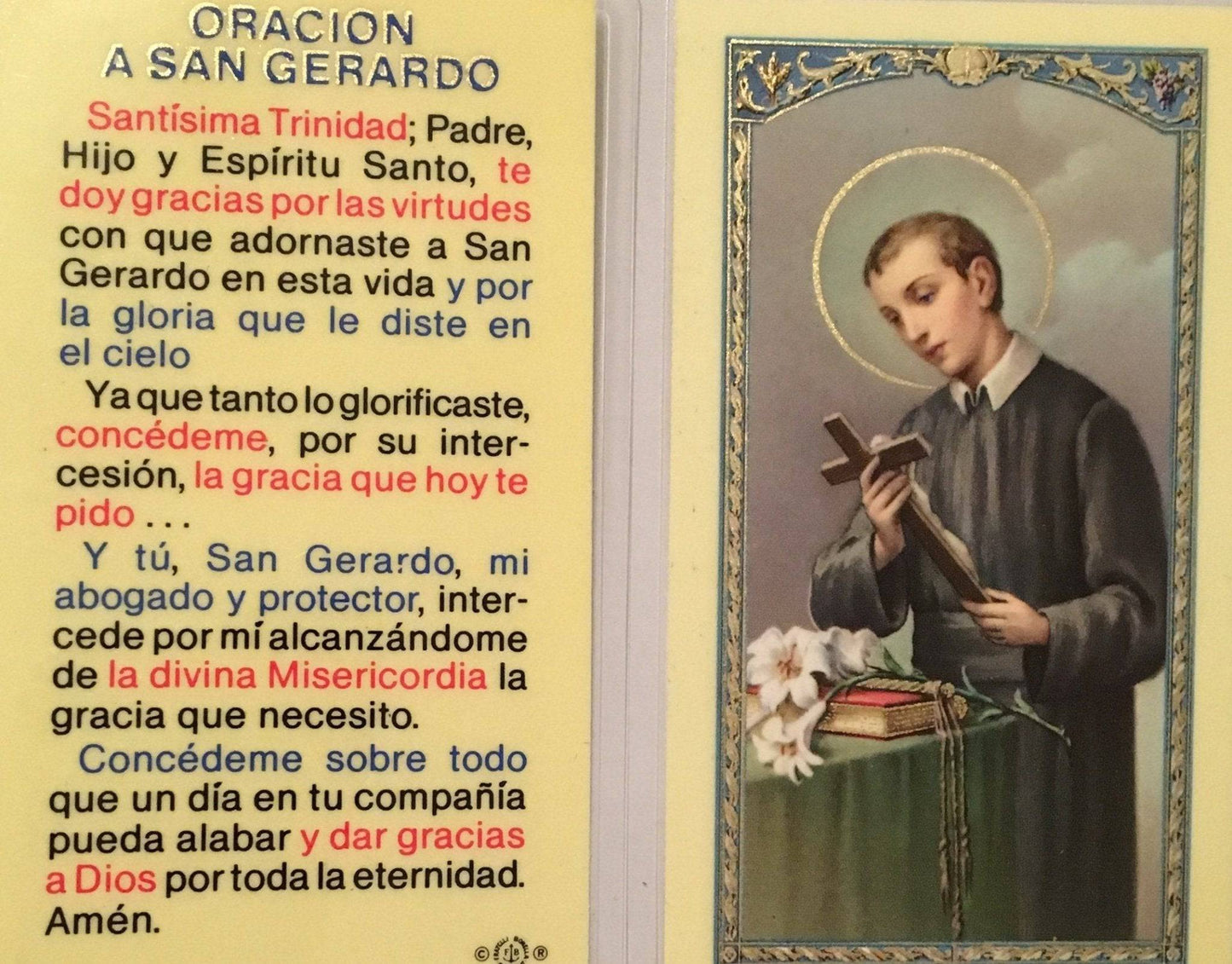 Prayer Card Oracion A San Gerardo Santisima Trinidad SPANISH Laminated