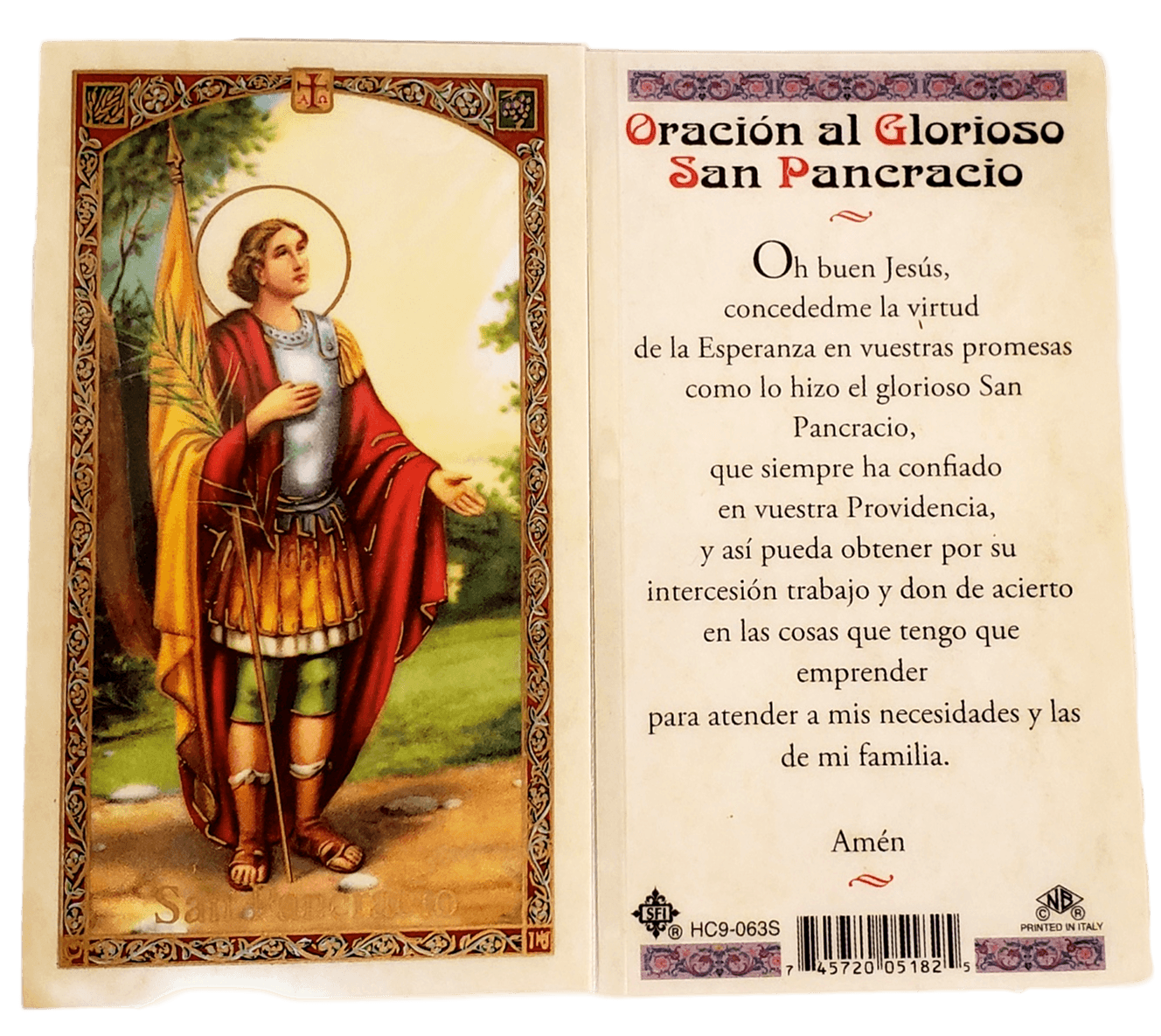 Prayer Card Oracion Al Glorioso San Pancracio SPANISH Laminated HC9-063S