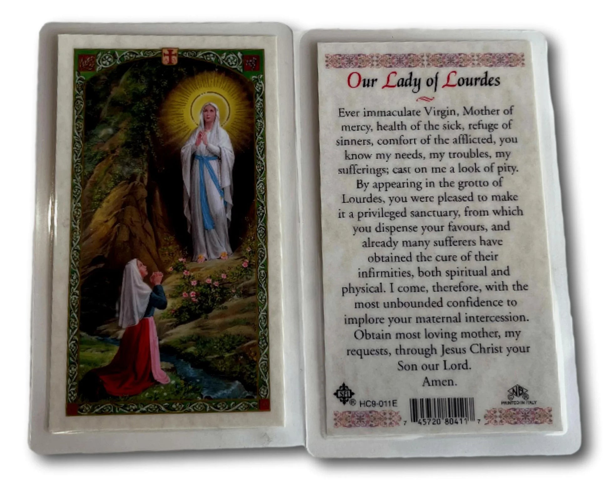 Catholic prayer card featuring Our Lady of Lourdes with religious imagery, from Ysleta Mission Gift Shop.