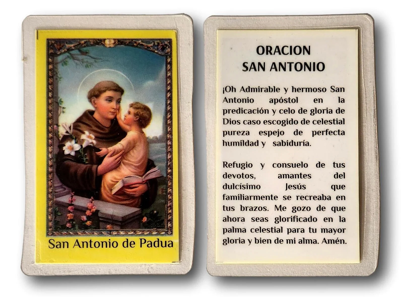 Pocket-sized San Antonio de Padua prayer card from Ysleta Mission Gift Shop, featuring Catholic prayer and religious imagery.