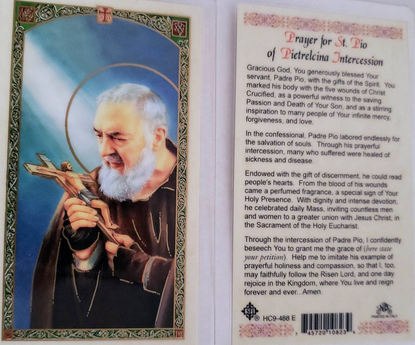 Prayer Card Prayer For Saint Pio Of Pietrelcina Intercession Laminated HC-E