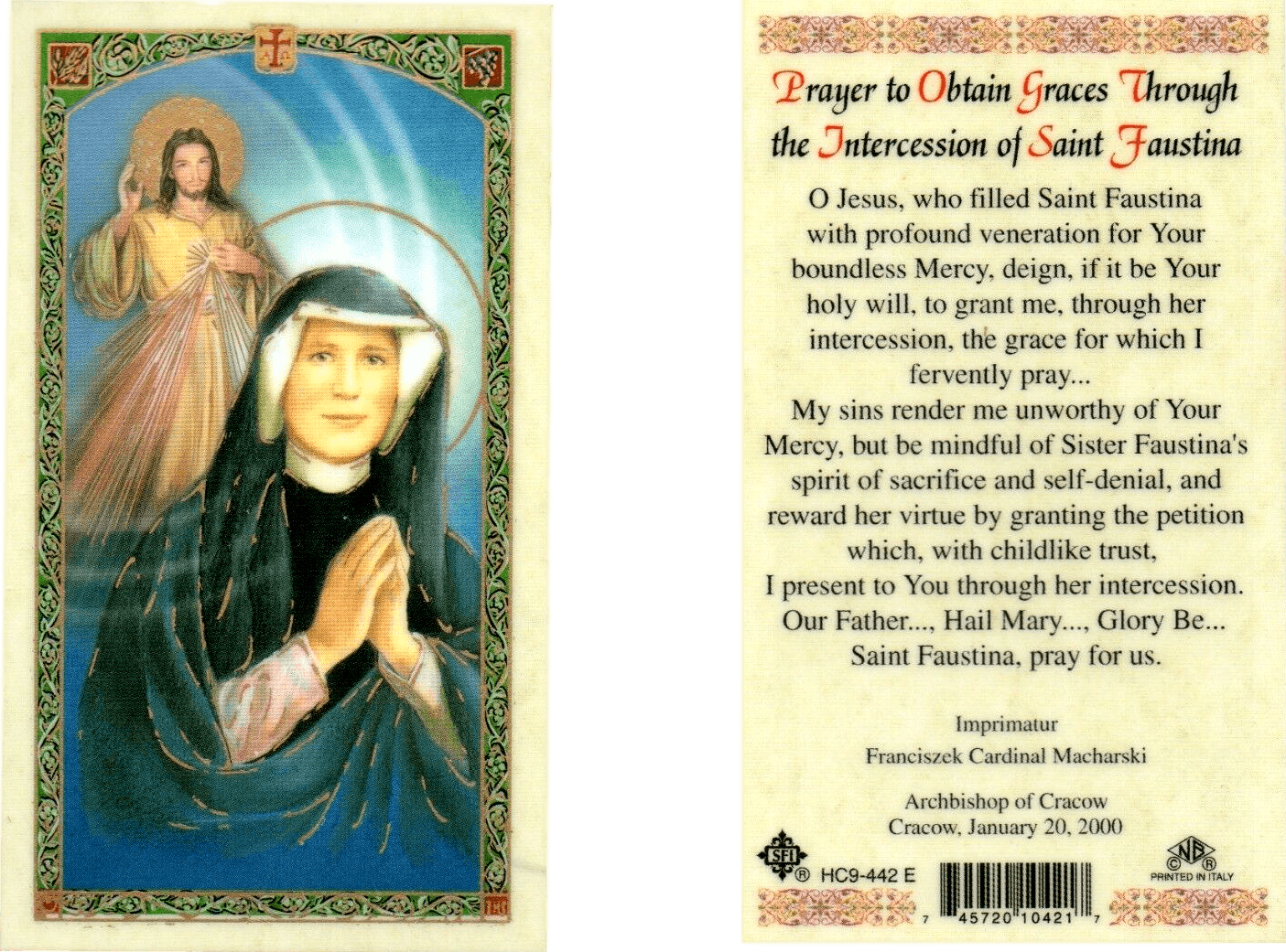 Prayer Card Prayer To Obtain Graces Through Intercession Of Saint Faustina Laminated HC-E