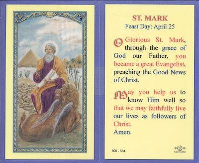 Prayer Card Prayer To Saint Mark Feast Day April Laminated