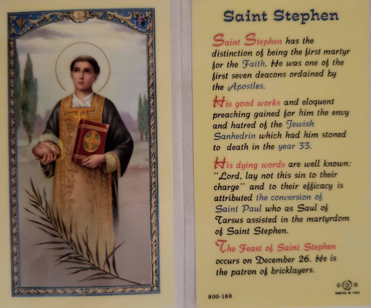 Prayer Card Prayer To Saint Stephen Laminated