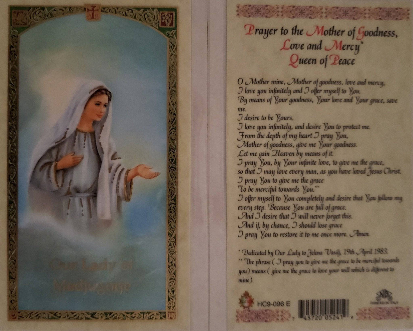 Prayer Card Prayer To The Mother Of Goodness Love And Mercy Queen Of Peace Our Lady of Medjugorje Laminated HC9-096E