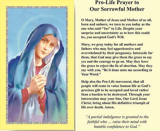 Prayer Card Pro-Life Prayer To Our Sorrowful Mother No Laminated CC