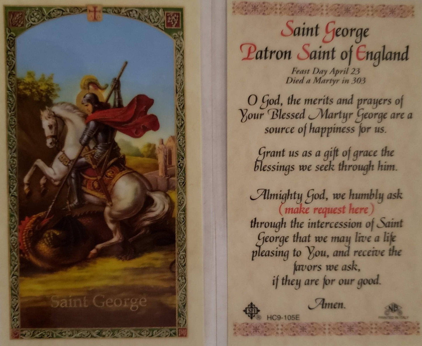 Prayer Card Saint George Patron Saint Of England Laminated HC-E