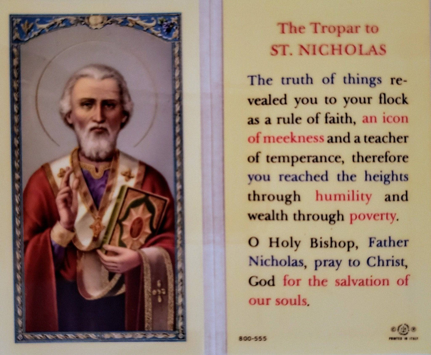 Prayer Card The Tropar To Saint Nicholas Laminated