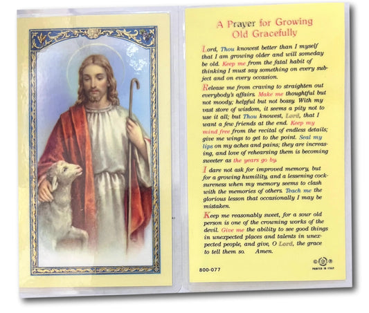 Laminated Catholic prayer card for growing old gracefully, featuring a blessing for elder years, from Ysleta Mission Gift Shop.