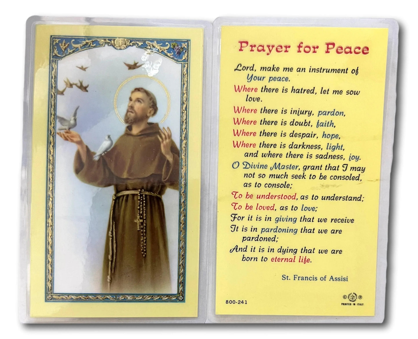 Laminated Catholic prayer card titled "Prayer for Peace" with serene religious imagery, ideal for faith-based gift or personal reflection.