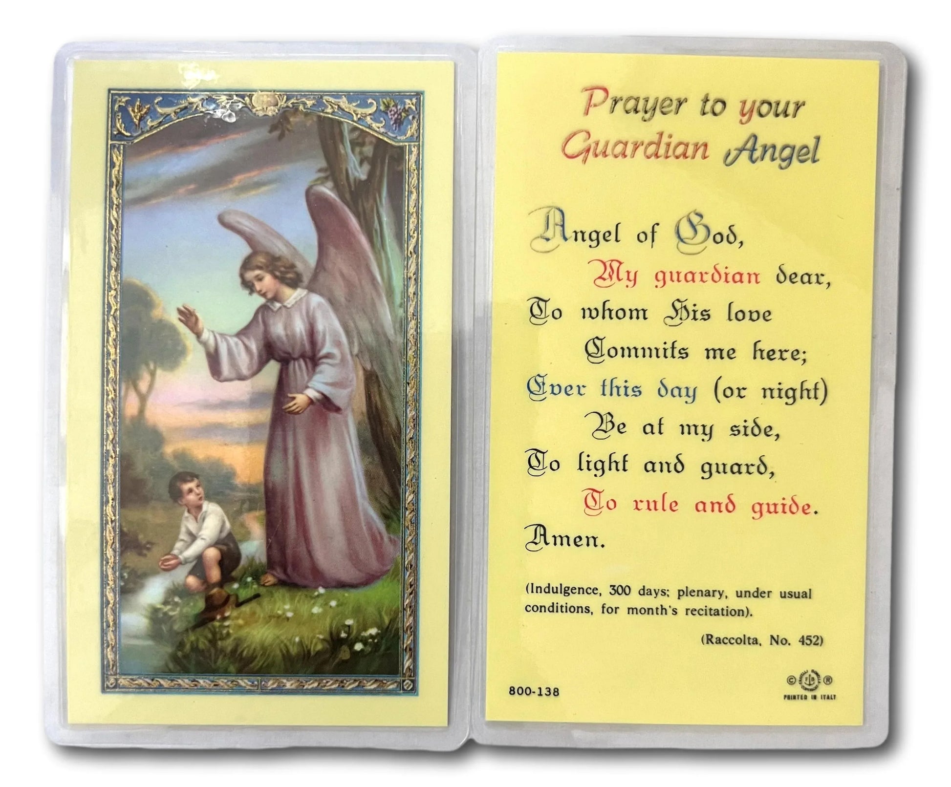 Laminated Catholic prayer card titled "Prayer to Your Angel" featuring a guardian angel illustration, Christian keepsake from Ysleta Mission.