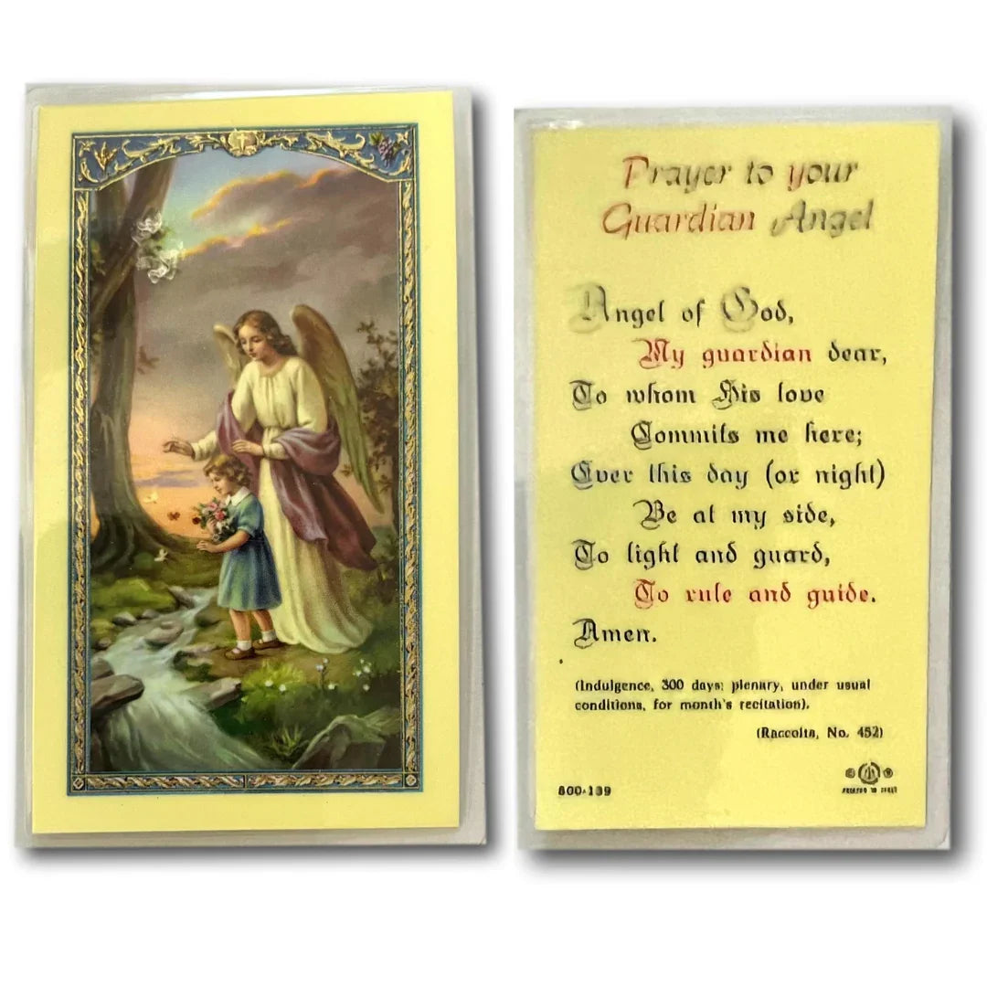 Laminated Catholic prayer card titled "Prayer to Your Angel" featuring a guardian angel illustration, from Ysleta Mission Gift Shop.