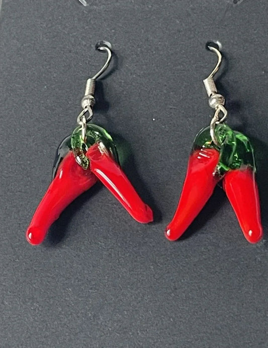 Sylvia Leroux pulled glass 1.5-inch dangle chili earrings with vibrant red glass design for stylish jewelry accessory.
