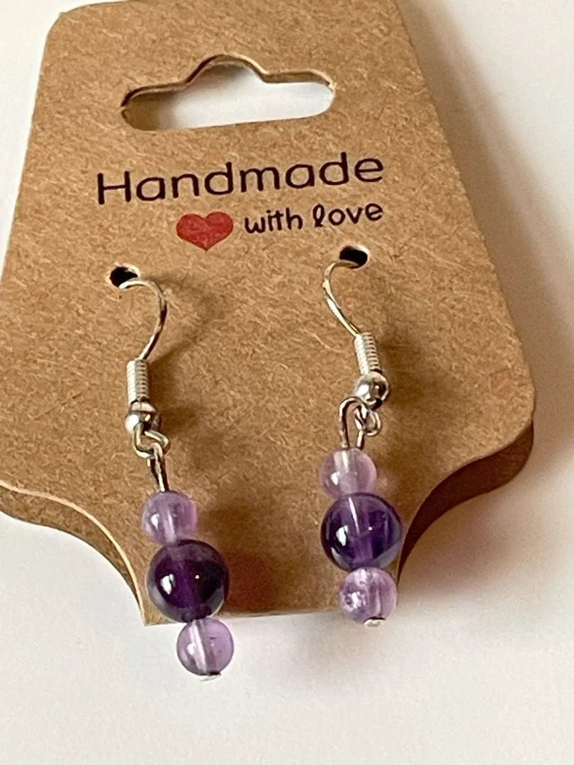 Purple amethyst bead earrings by Sylvia Leroux, 1.5 inches long, featuring elegant gemstone jewelry and accessories.