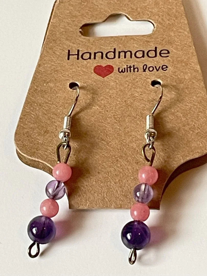 Purple amethyst and pink chalcedony earrings by Sylvia Leroux, 2-inch statement jewelry with vibrant gemstone accents.