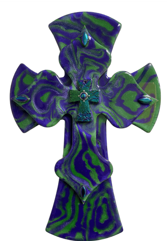 Purple Green Layered Resin Mosaic Wood Cross – Deco 15.5x9