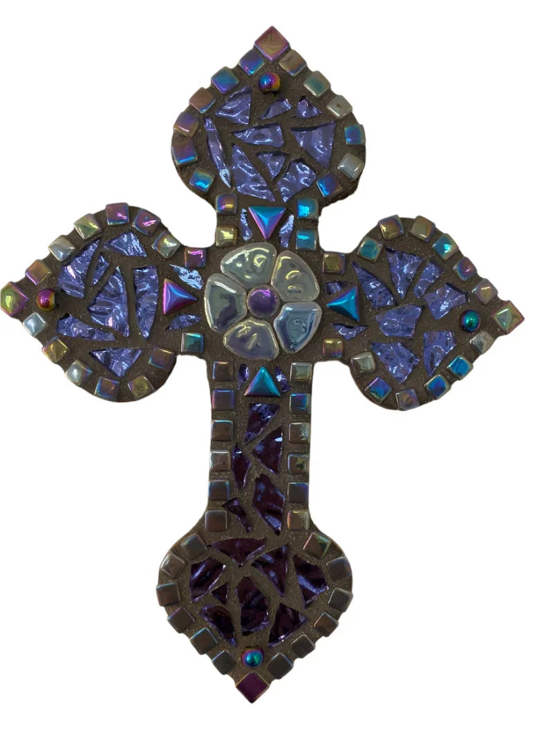 Purple mosaic wooden cross with floral center, Catholic Christian gift by Brigitte Rosson, 9.5x7.5 inches, religious decorative piece.