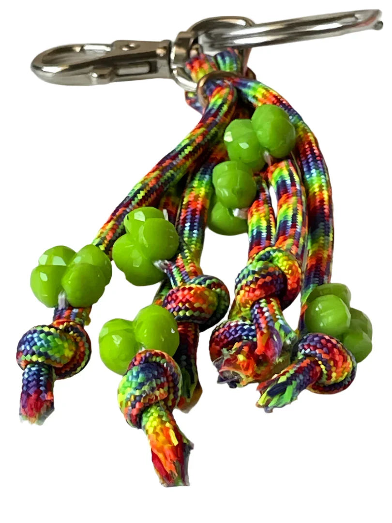 Rainbow paracord keychain with shamrock charm, 4-inch durable Sylvia Leroux bag accessory, ideal for key organization.