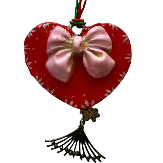 Red air dry clay heart ornament hanging design, 2 x 2.5 inches, handcrafted home and garden decor by Lorena Williams.