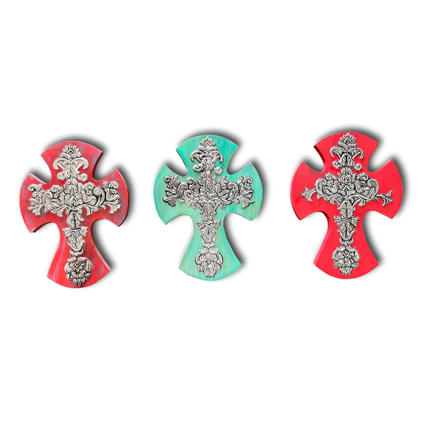 Red And Green Wood Crosses Hand-Embossed Aluminum Design | Rustic Faith Wall Art