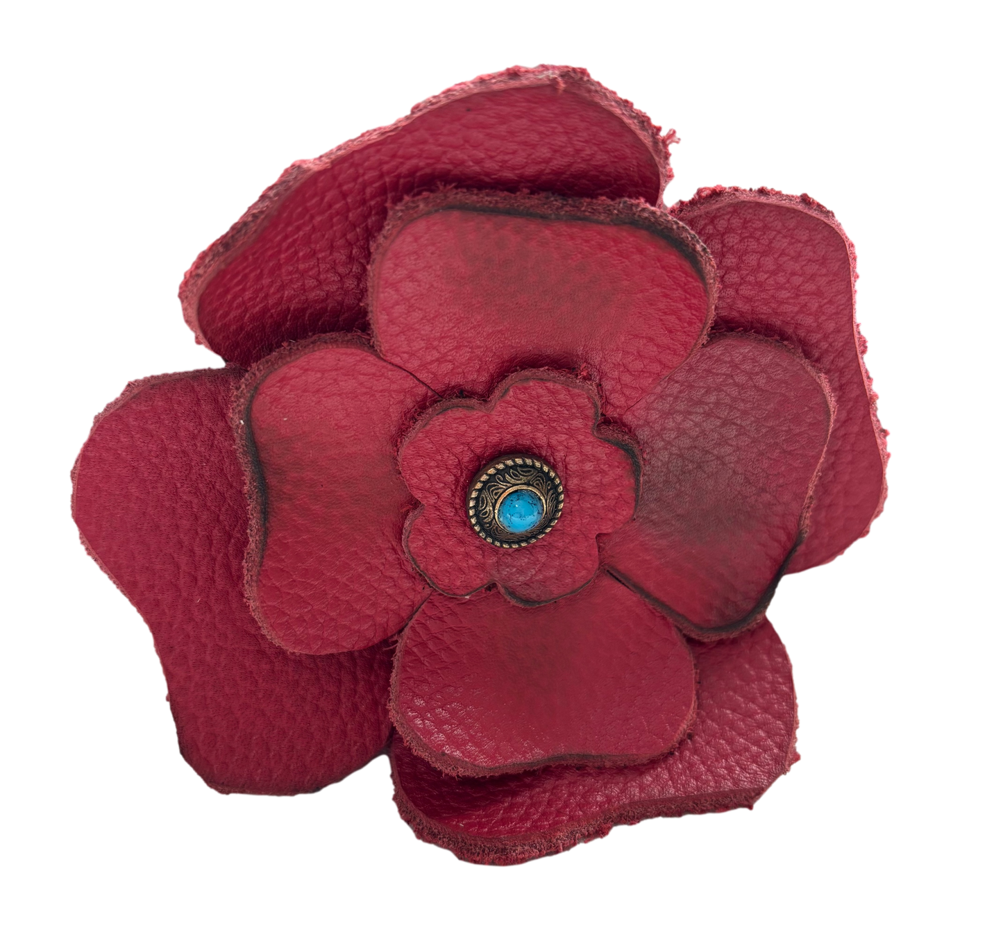 Red and blue flower hat clip by Consuelo Barraza, a stylish hair accessory for adding a colorful touch to hats or hairstyles.