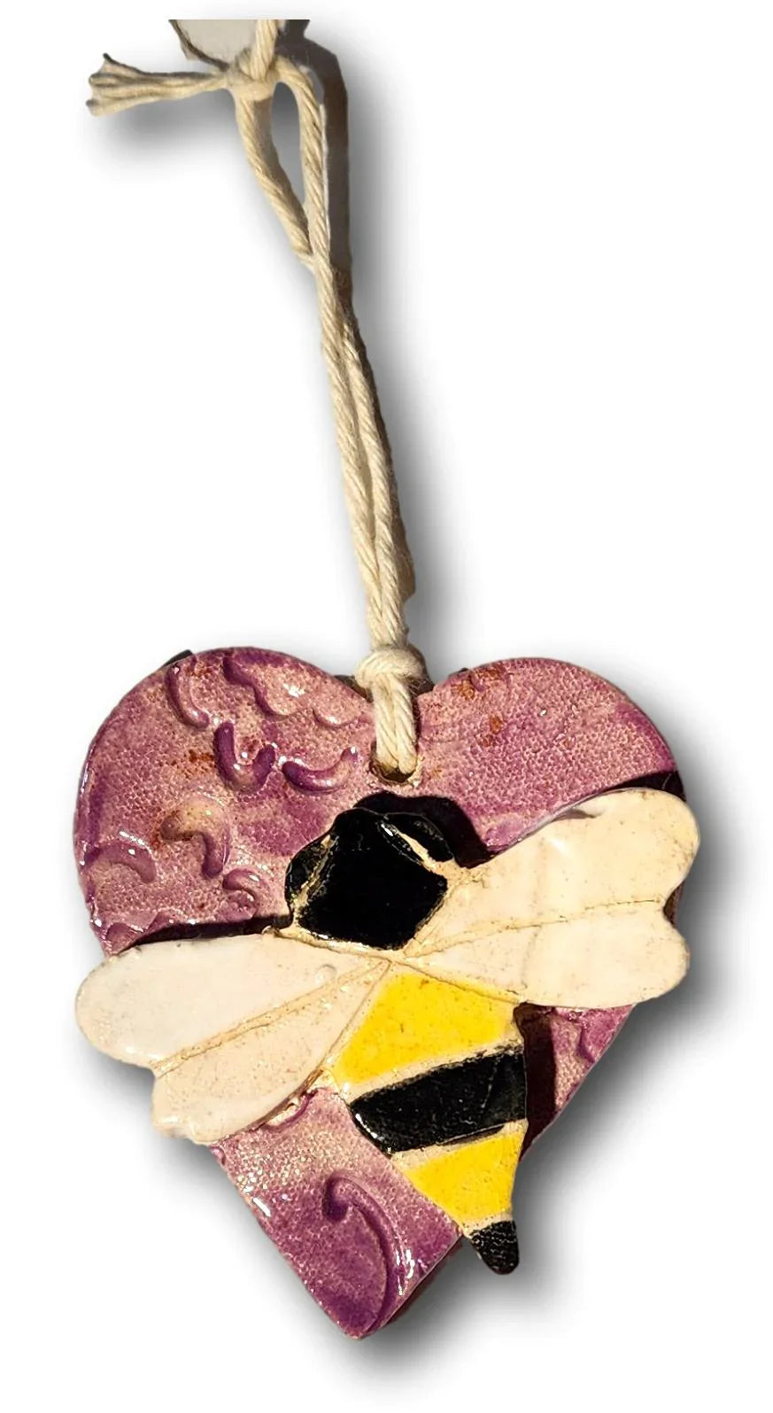 Handmade red ceramic heart with a bumble bee design, glazed wall decor ornament by Lorena Williams.