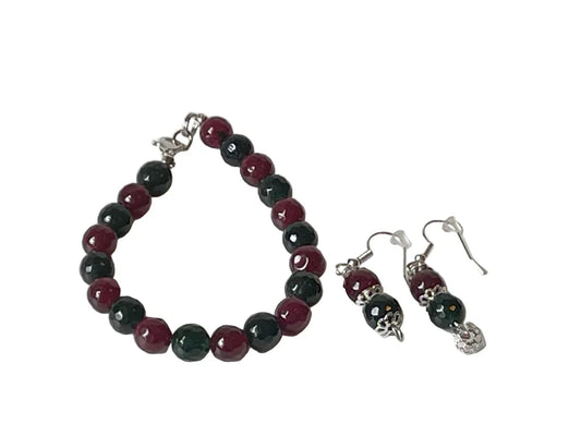 Red and green dyed agate bracelet and earrings set by Sylvia Leroux, featuring 6-inch jewelry with vibrant gemstone beads.