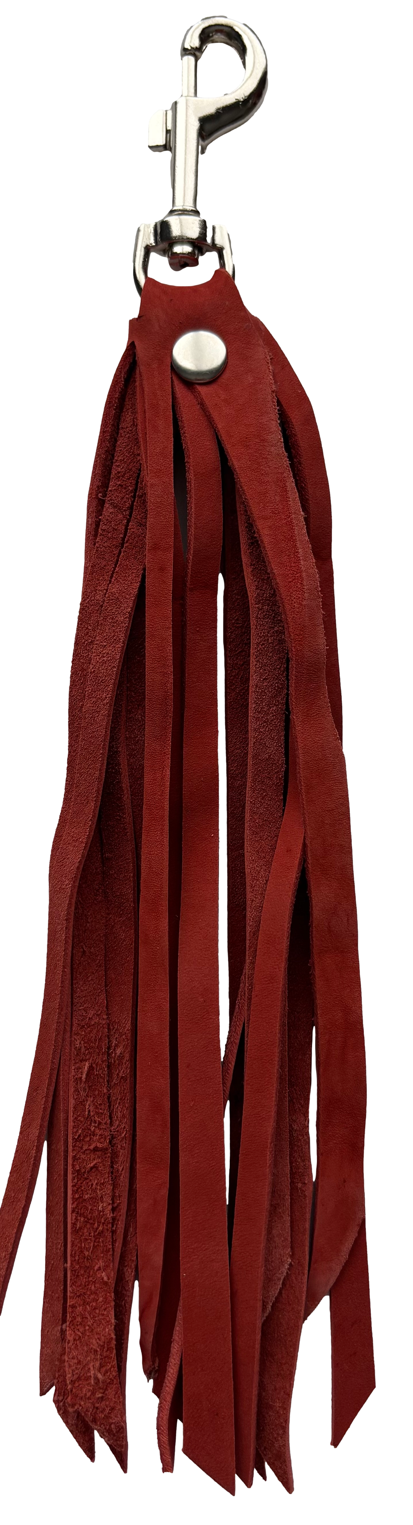 Red leather fringe tassel keychain from Consuelo Barraza with stylish fringe detail for handbags and accessories.