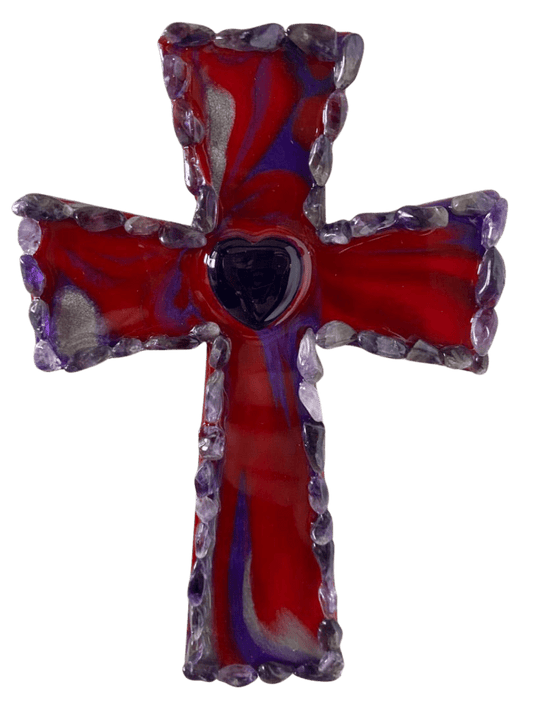 Red Purple Turquoise Stone Cross Magnet – Layered Resin & Wood 6x4