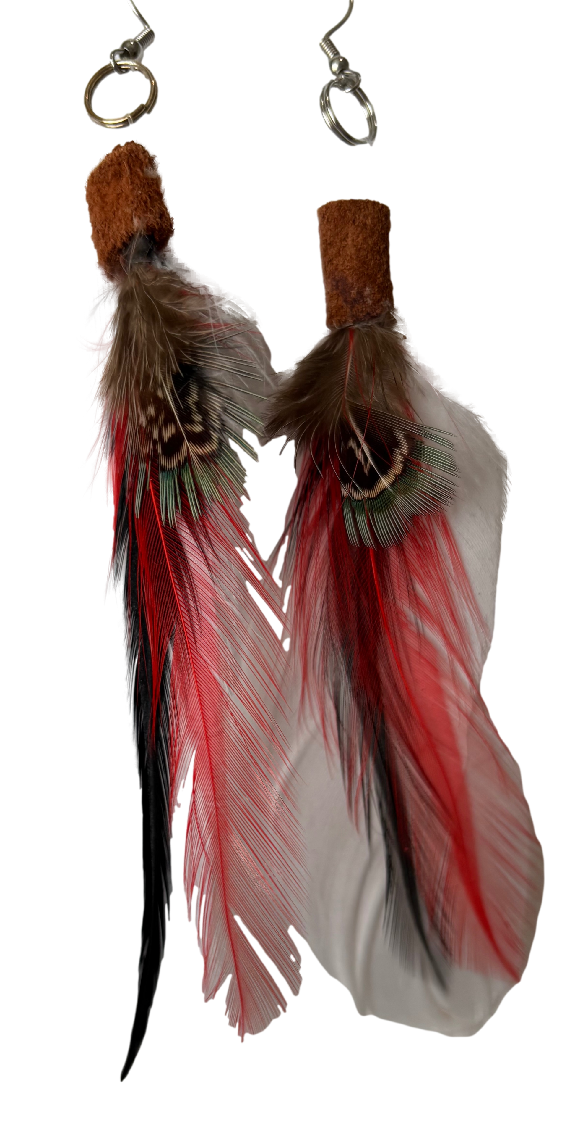 Red and white feather earrings from Consuelo Barraza featuring lightweight, stylish jewelry and accessories for a trendy look.