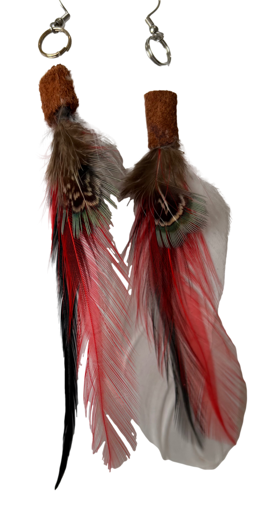 Red and white feather earrings from Consuelo Barraza featuring lightweight, stylish jewelry and accessories for a trendy look.