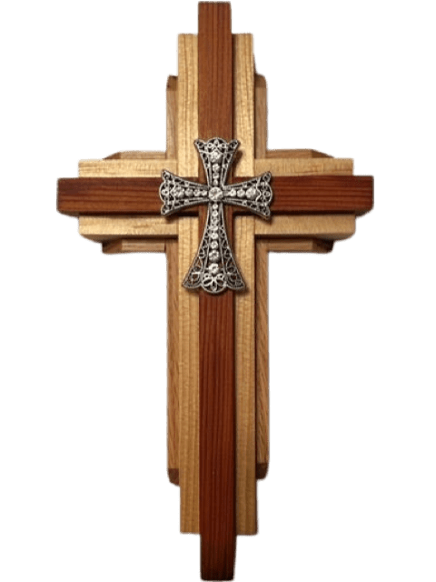 Redwood, Cedar, Oak Cross with Silver Accent - 9.5x6