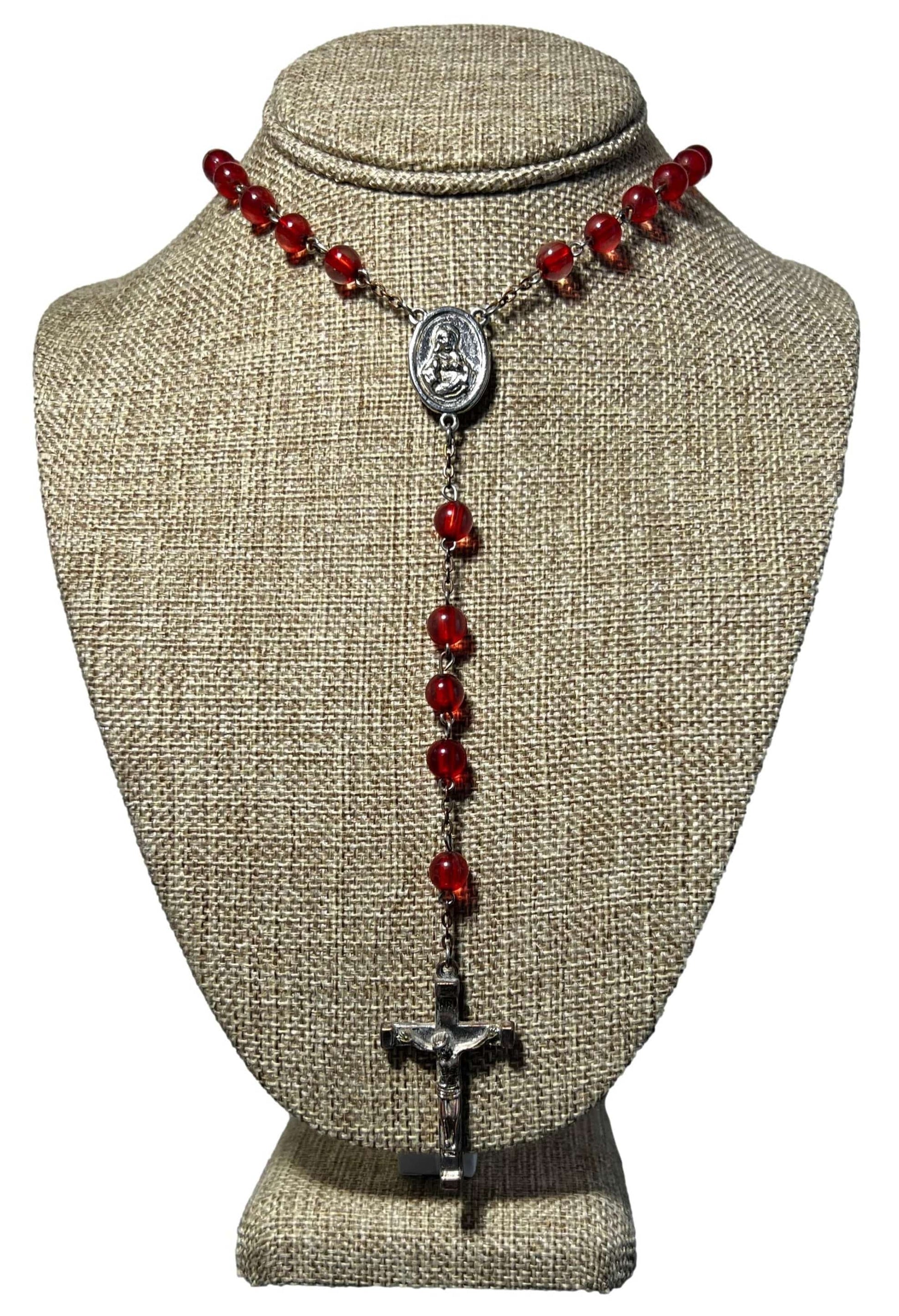 Sacred Heart and Mary Rosary with Red Acrylic Beads - 22" Heirloom with Double-Sided Medal