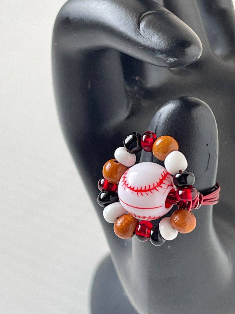 Resin Baseball Ring - Wire Wrapped with Red & White Seed Beads, Size 7