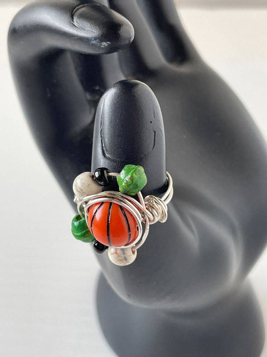 Resin Basketball Ring - Wire Wrapped with Black Seed Beads, Size 7