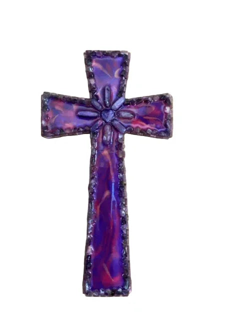 Handcrafted resin cross on wood with purple decorative rocks and gems, Catholic Christian gift by Brigitte Rosson.
