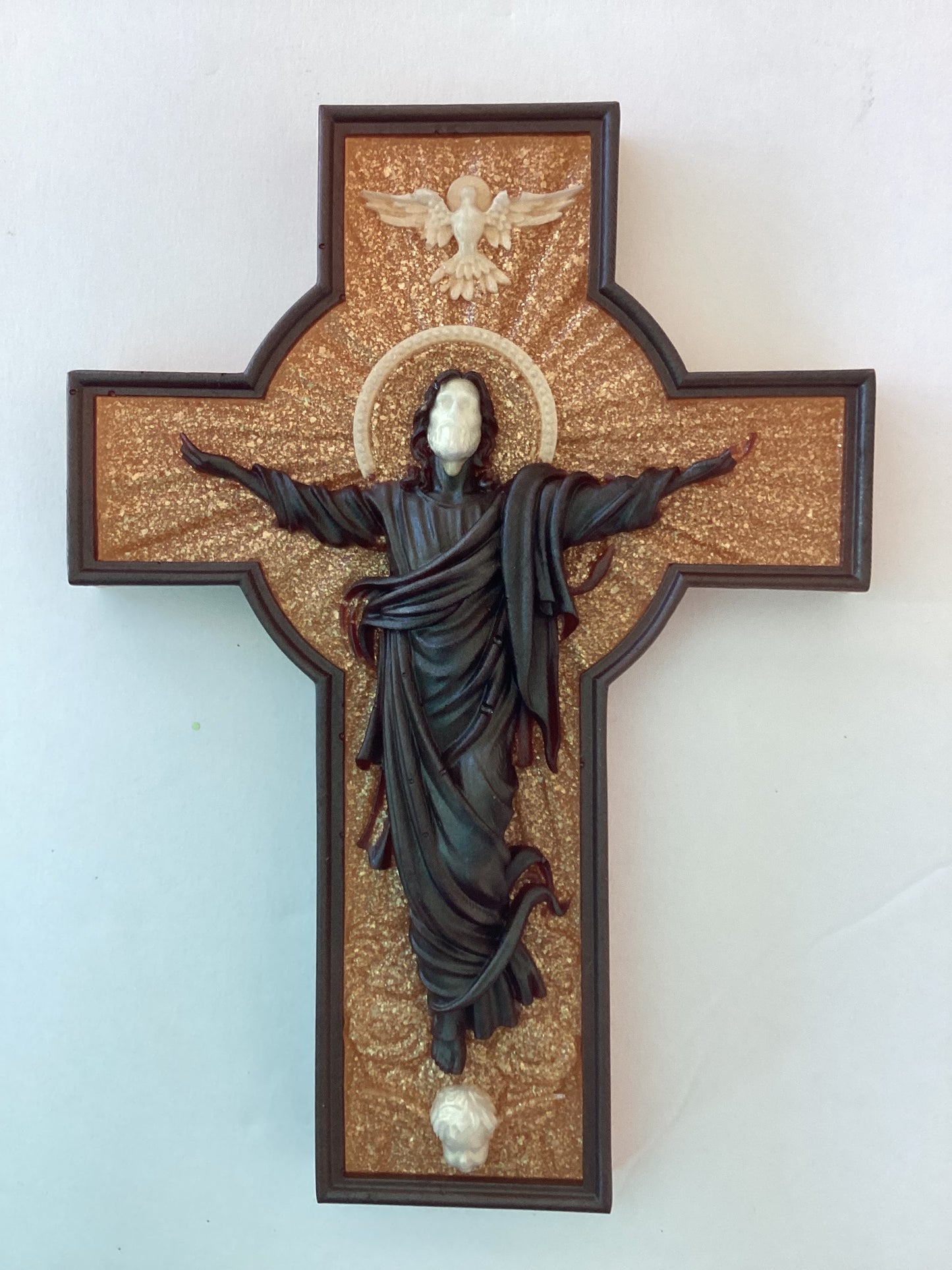 Resin cross risen Jesus with Holy Spirit dove - Ysleta Mission Gift Shop