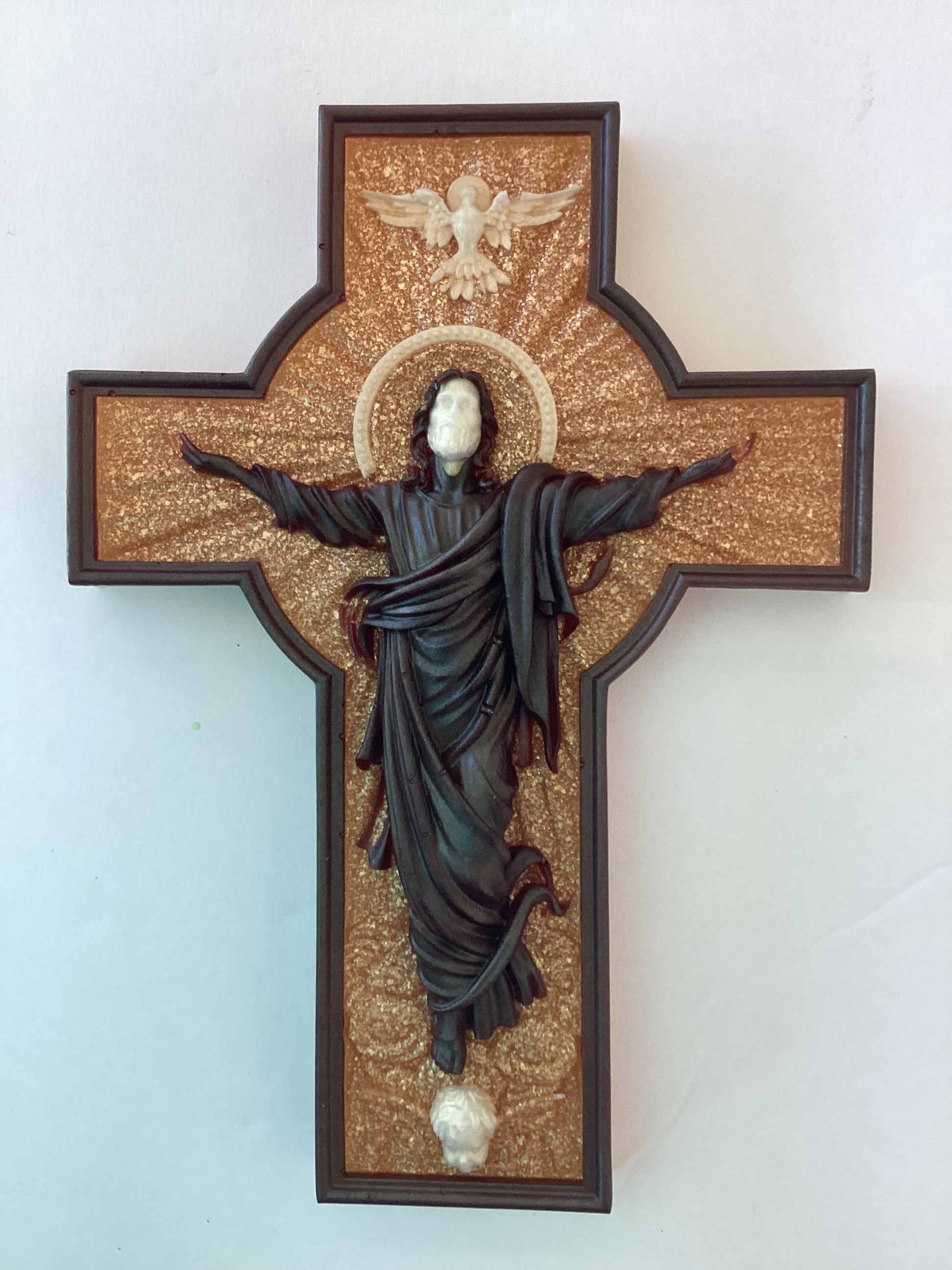 Resin cross risen Jesus with Holy Spirit dove - Ysleta Mission Gift Shop